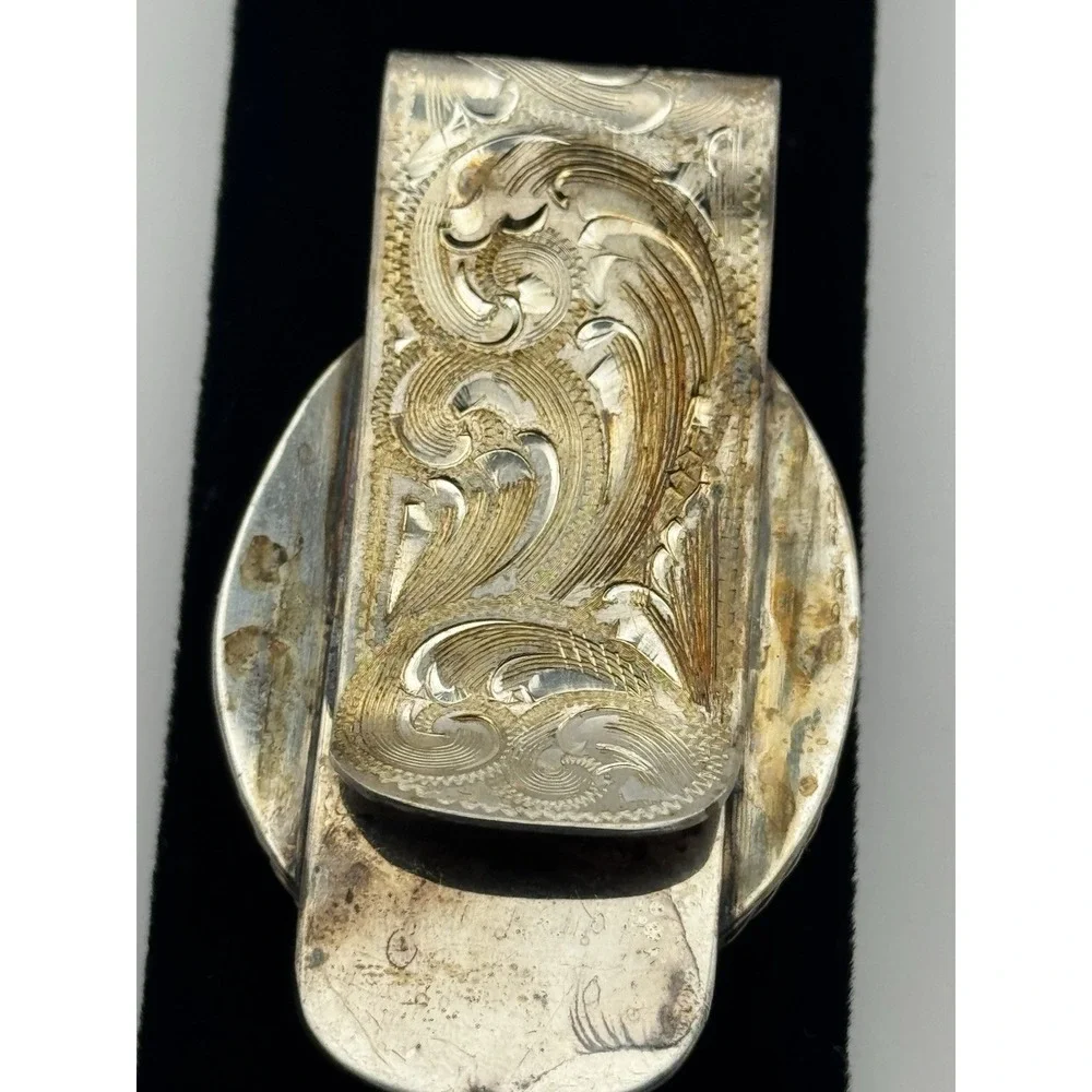 Sterling Silver Black Onyx Money Clip Vintage Hand Engraved Western 45.7g